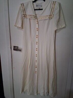 Betsy's Things True Vintage 80s Off-White & Gold Sailor Summer Dress Midi Sz 14